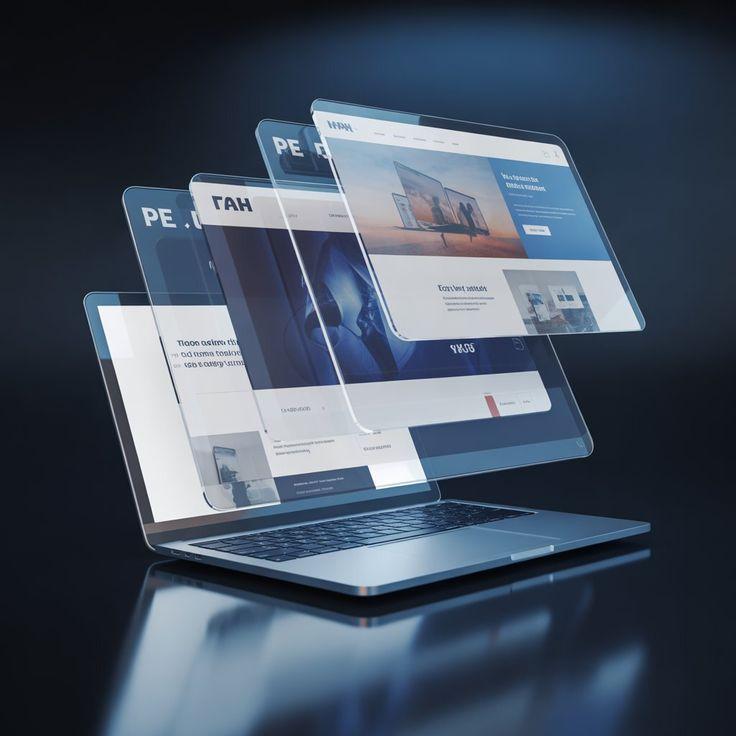 Web pages layered above a laptop