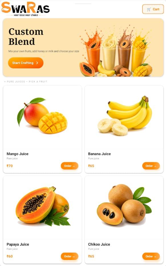 SwaRas juice menu with custom blend crafting and fruit selection